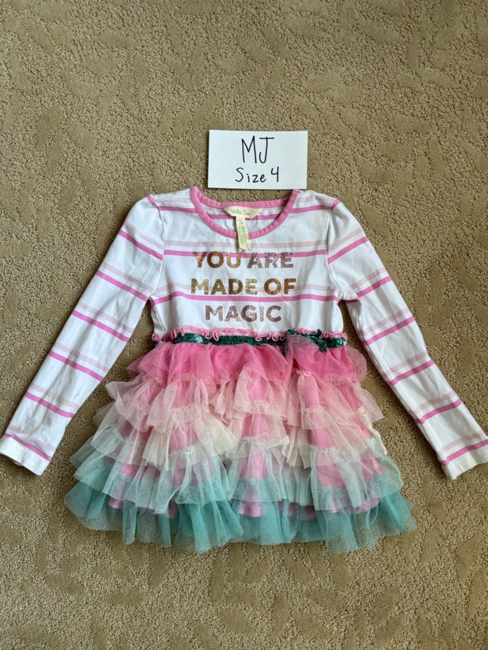 Matilda Jane White Pink Teal Layered Tulle Long Sleeve Tee